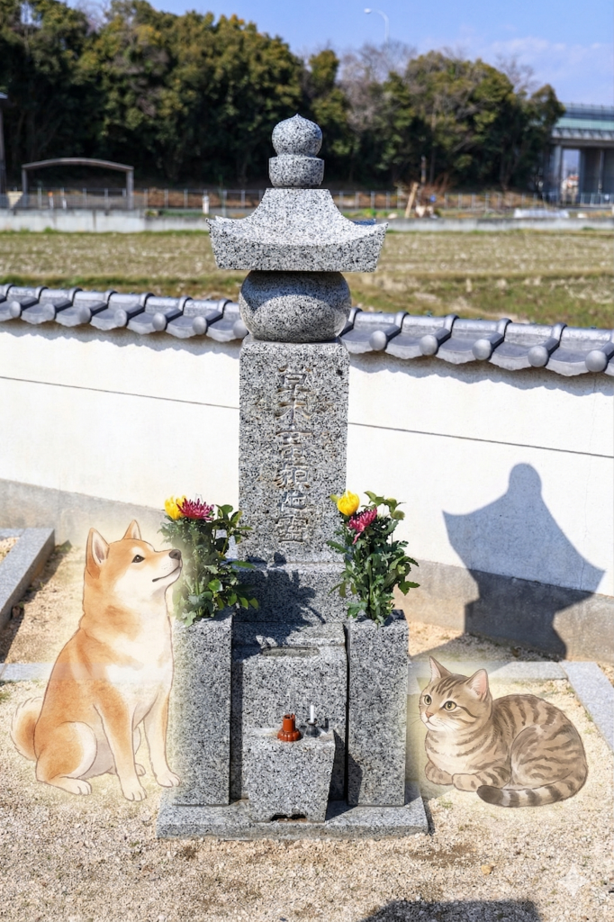 ペット供養塔（柴犬と猫のイラスト添え）