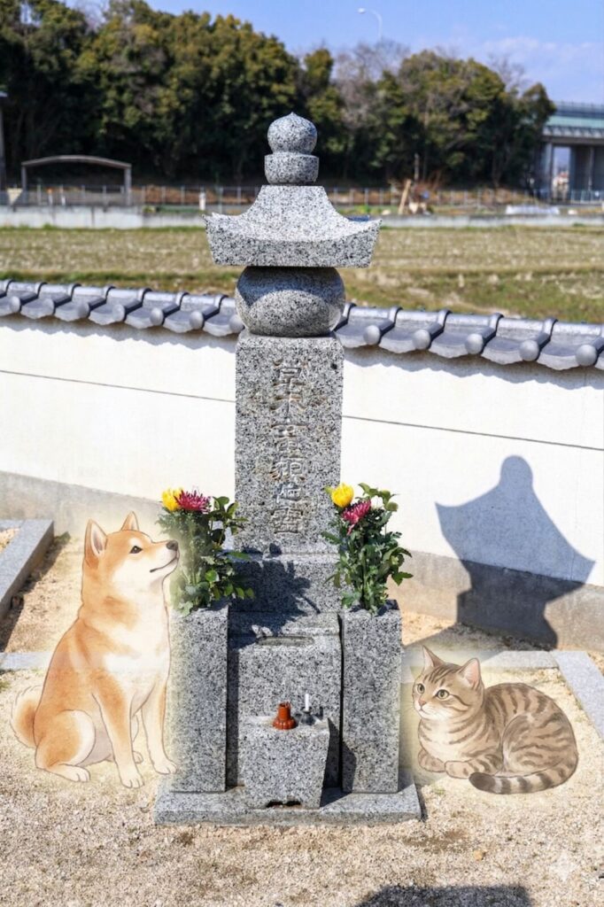 ペット供養塔(柴犬と猫のイラスト添え)